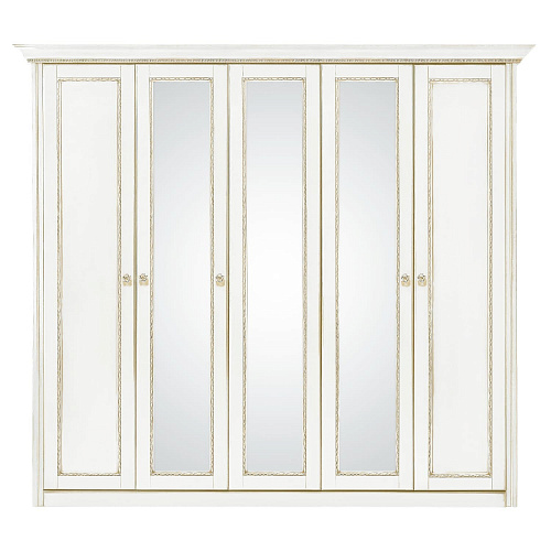 Шкаф 5 дверный с зеркалами, Палермо Молочный/Патина Золото со структрой дерева
