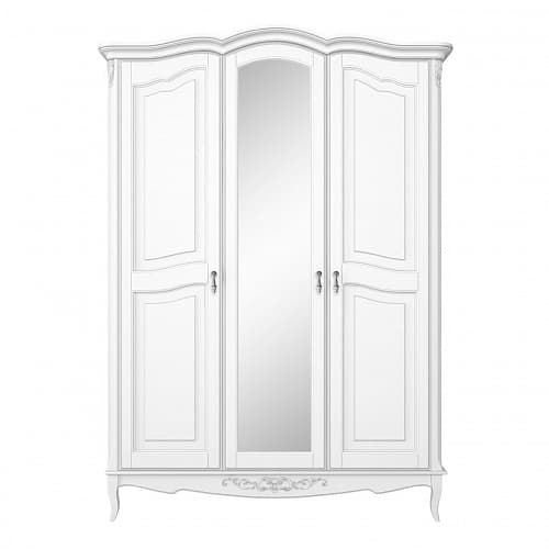 Шкаф 3х створчатый с зеркалом Тиволи, Белый/Патина Серебро