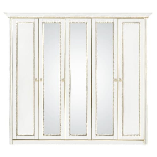 Шкаф 5 дверный с зеркалами, Палермо Молочный/Патина Золото со структрой дерева